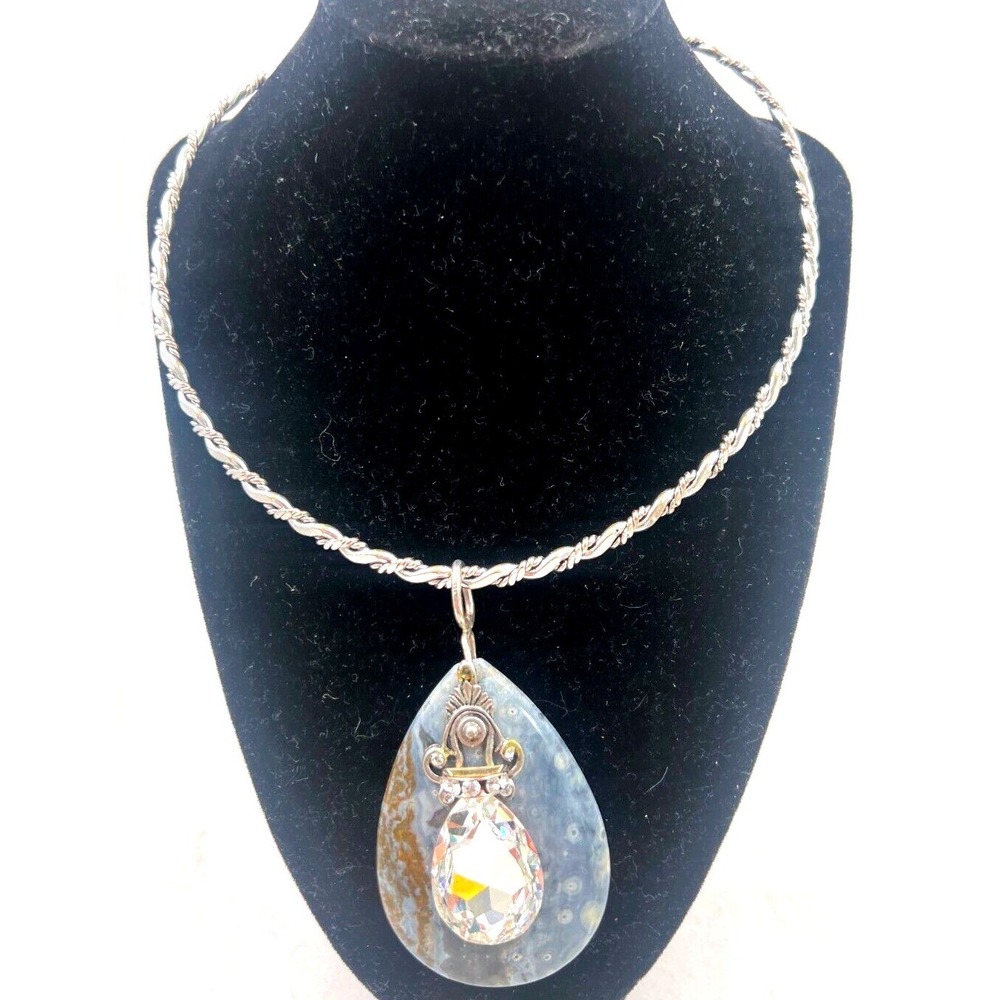 Blue Natural Stone Teardrop Crystal Pendant Twisted Wire Collar Choker Necklace